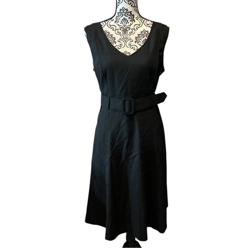 Antonio Melani Belted Fit and Flare Midi Dress Plaid Embossed size 12 Black